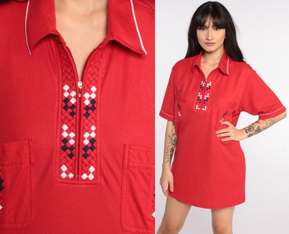 Red Zip Up Shirt 90s Does 70s Top Lattice Trim Top Short Sleeve Blouse Quarter Zip Pocket Shirt Retro T Shirt Vintage 1990s Small Medium