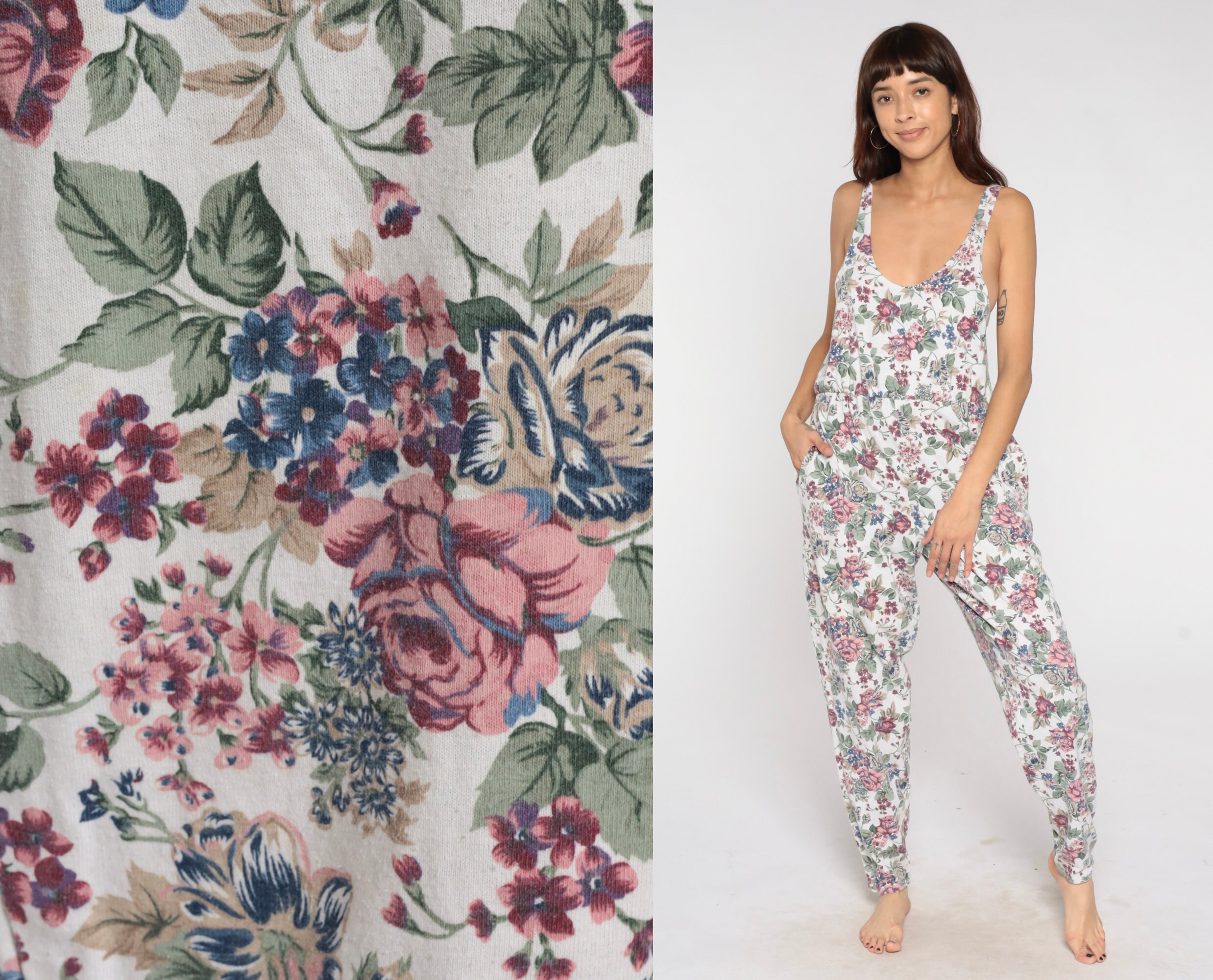 80s Floral Jumpsuit White Wildflower 