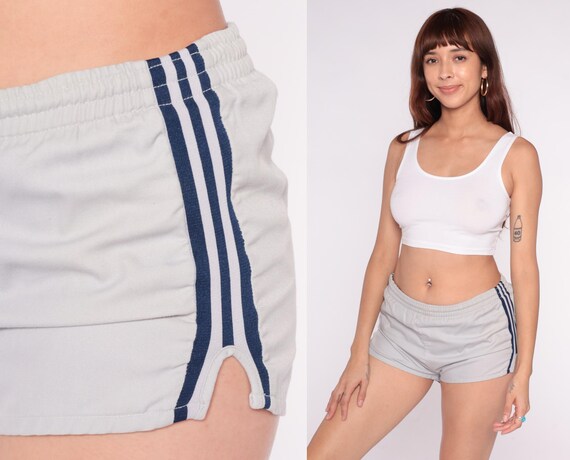 80s Running Shorts Athletic Gray Navy Stripe Track Elastic Waist Vintage Gym Sport Fitness Activewear Rolled Hem Athleisure Unisex Medium M