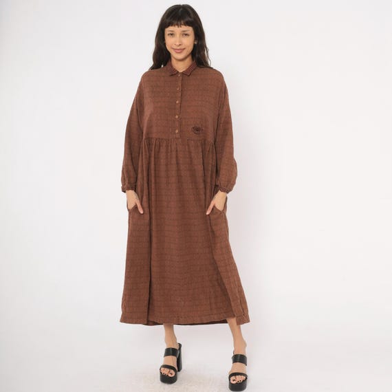 90s Brown Shirt Dress Houndstooth Collar Gathered Waist Long Sleeve Diamond Chocolate Prairie Coffee Relaxed Fit One Size Fits Most OSFM