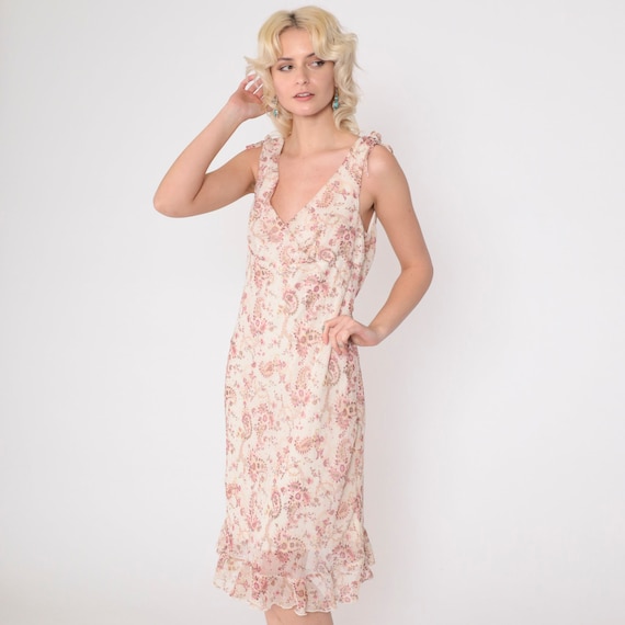 Paisley Chiffon Dress Y2K Off-White Surplice V Neck Dress Pink Ruffle Flounce Midi Sleeveless Sundress Empire Waist Vintage 00s Medium 10