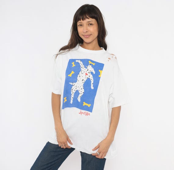 Spotisse Dalmatian Dog Tee 90s Matisse Parody Art White Cotton Shirt Funny Humor Animal Bones Blue Distressed Boxy Vintage Extra Large XL