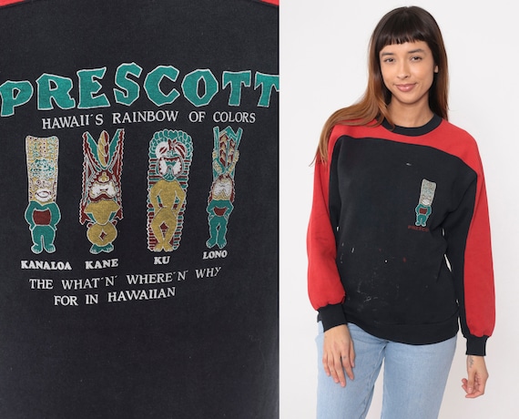Hawaiian Gods Sweatshirt 90s Kanaloa Kane Ku Lono Graphic Shirt Crewneck Black Red Paint Ringer Splatter Distressed Vintage 1990s Medium