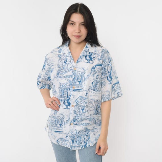 Vintage Broadway Showboat Shirt 70s White Blue Novelty Print Short Sleeve Button Up Southern Theme Theater Graphic 1970s Men's Large L