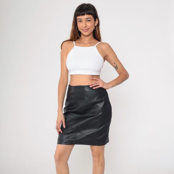 Vintage Black Leather Mini Skirt 90s Pencil Skirt Retro Glam Going Out Skirt Party Goth Punk High Waisted Clubwear Tight Medium 8