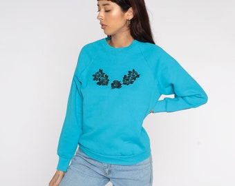 Floral Sweatshirt 80s Blue Shirt Vintage RAGLAN Sleeve Sweater Kawaii Graphic 1980s Slouchy Small