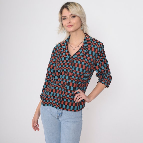 90s Checkered Blazer 90s Op Art Button up Jacket Black Blue Burnt Orange Print Retro Preppy Professional Academia Vintage 1990s Medium M