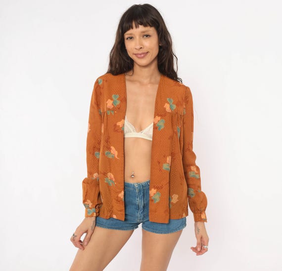 70s Floral Open Front Blouse Rust Copper Teal Dobby Weave Puff Sleeve Yoke Kimono Style Cardigan Mustard Amber Terra Cotta Top Small S