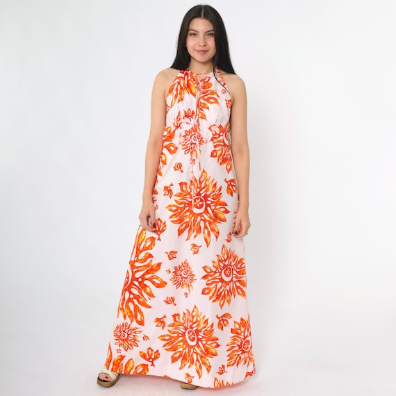 Vintage Hawaiian Halter Dress 70s Pink Orange Sunburst Print Lace Up Maxi Sundress 1970s Aloha Boho Resort Beachwear Otaheite Lahaina Small