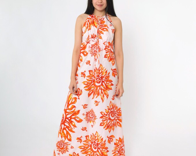 Vintage Hawaiian Halter Dress 70s Pink Orange Sunburst Print Lace up ...