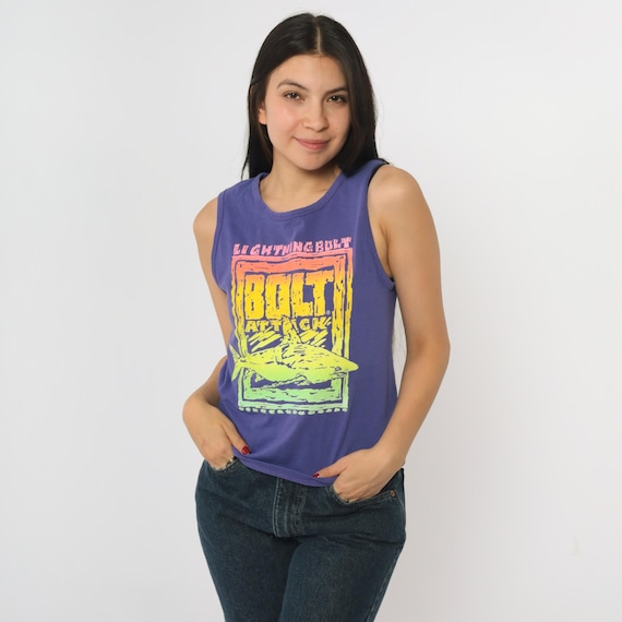 Vintage Lightning Bolt Surfer Tank Top 90s Purple Neon Muscle Tee Bolt Attack Shark Graphic Print 1990s Surf Skate Sleeveless Extra Small xs