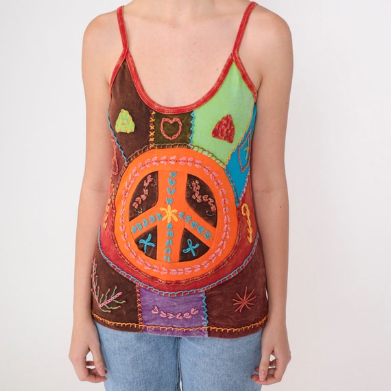 Peace Sign Tank Top Y2K Patchwork Hippie Shirt Em… - image 8