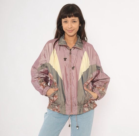 Abstract Mauve Windbreaker 90s Colorblock Jacket Zip Front Grey Cream Pink Shell Patterned Athletic Sportswear Gym Cover Vintage Medium M