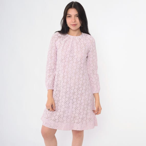 Vintage 60s Lace Mini Dress Sheer Lavender Mod Party Dress 1960s Cocktail Bohemian Shift Boho Long Sleeve Pastel Formal Twiggy Small S