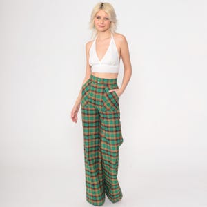 Vintage 70s Plaid Trousers Green Wide Leg Pants Hippie Bell Bottom