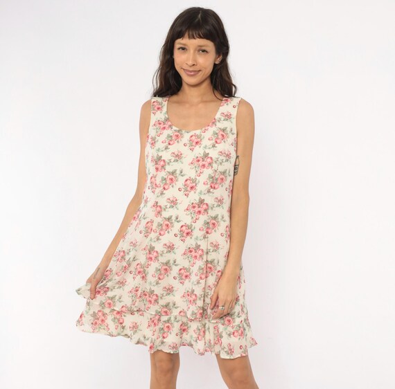 90s Rose Sundress Cream Pink Floral Sleeveless Scoop Neck Drop Waist Ruffle Hem Summer Garden Cottagecore Feminine All That Jazz Medium M