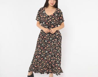 90s Black Floral Midi Dress Button Front V Neck Red Dark Cottagecore Grunge Whimsigoth Witchy Prairie Garden Hippie Sundress Vintage Large L