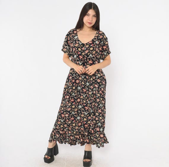 90s Black Floral Midi Dress Button Front V Neck Red Dark Cottagecore Grunge Whimsigoth Witchy Prairie Garden Hippie Sundress Vintage Large L