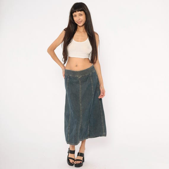 2000s Hilfiger Denim Skirt Navy Blue A Line Midi Panel Seam Cotton Low Rise Flared Jean Dark Wash Indigo Gored Tommy Vintage Women Medium M