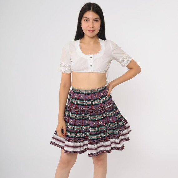 90s Southwest Skirt Purple Green Geometric Native Pattern Roughrider Cotton Circle Mini Western Prairie Rodeo Dance Americana Small XS