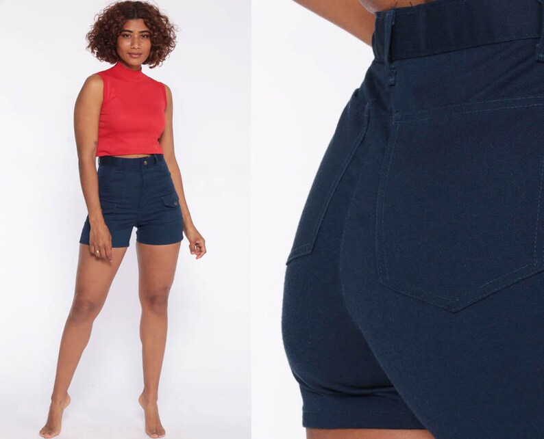 Boy Scout Shorts 70s Shorts Dark Blue Cargo 80s High Waisted Military Retro Boho Hipster Vintage Seventies Bohemian Extra Small xs 27