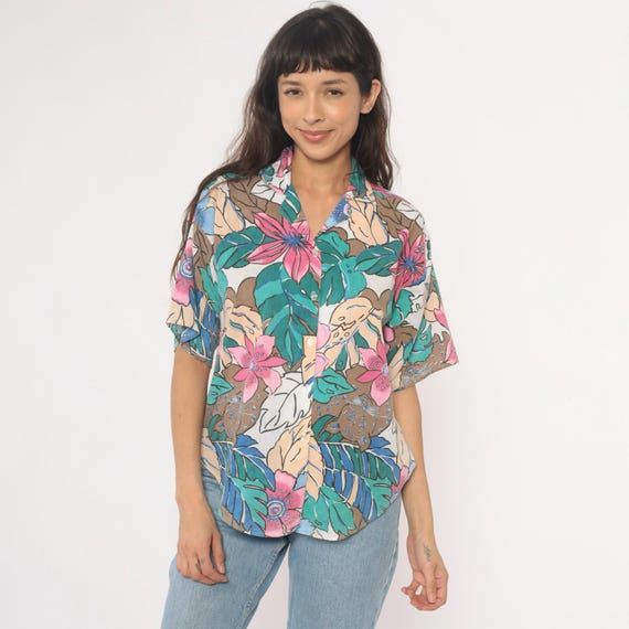90s Tropical Shirt Floral Hawaiian Short Sleeve Collared Resort Vacation Summer Pink Blue Green Relaxed Fit Yacht Party Outfit Medium M