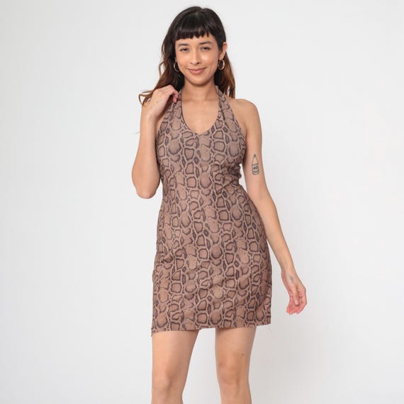 Vintage Y2K Snake Print Halter Mini Dress Brown Animal Print Bodycon Party Sexy 2000s Sleeveless Stretchy Festival Night Out Small S
