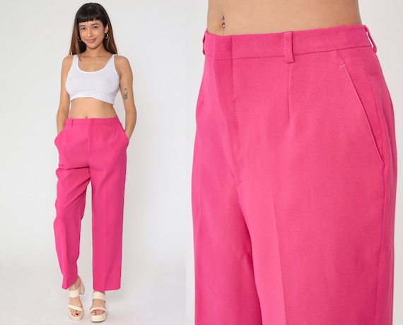 Hot Pink Trousers 80s Straight Leg Pants Retro Basic High Waisted Creased Pants Basic Professional Vintage 1980s Large 14