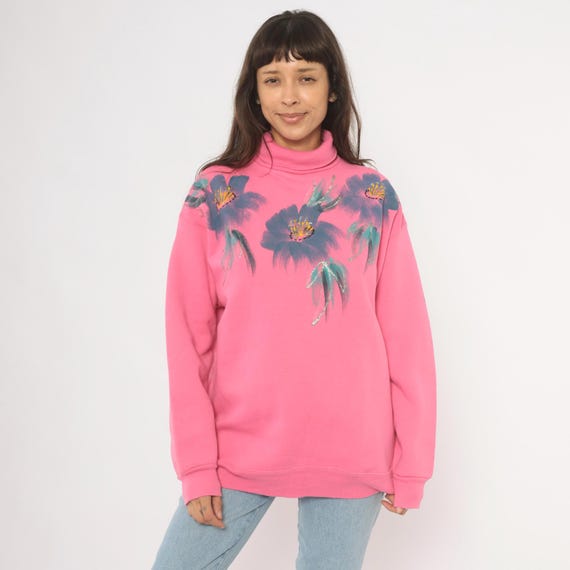 Hand Painted Style Floral Turtleneck 90s Pink Sweatshirt Rose Purple Flower Art Glitter Accent Teal Leaf Cotton Blush Sweater Extra Large XL