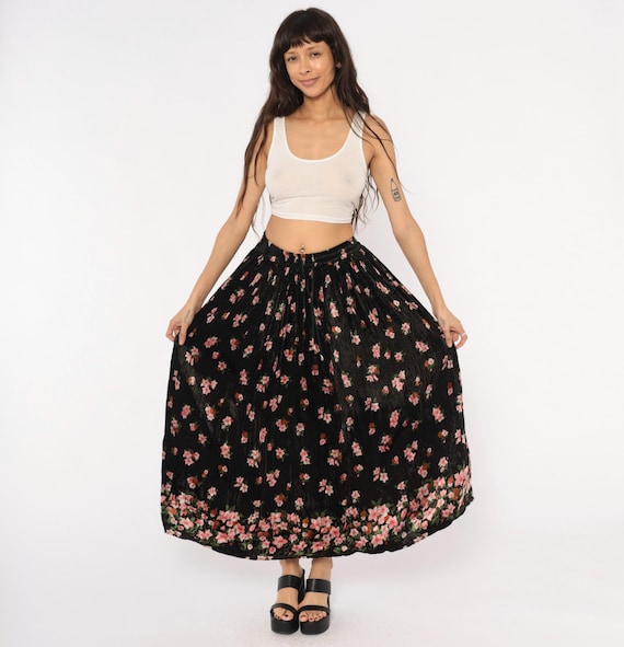 90s Crushed Velvet Skirt Black Pink Floral Rose Garden Prairie Dark Cottagecore Festival Drawstring  Soft Grunge Alt One Size Fits Most OSFM