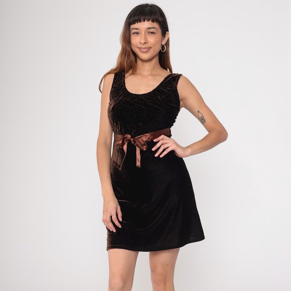 90s Brown Velvet Dress Velvet Mini Party Ribbon Bow Embroidered Sleeveless 1990s Cocktail Going Out Vintage High Waist Minidress Medium