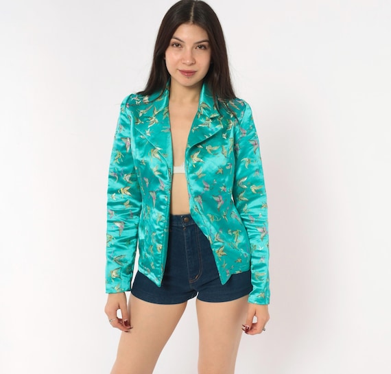 90s Teal Butterfly Brocade Blazer Moths Satin Jacket Embroidered Bird Pink Gold Fitted Turquoise Aqua Coat Summer  Vintage Extra Small XS