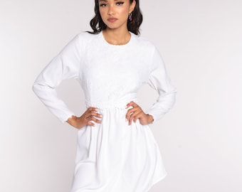 White Lace Babydoll Dress 90s Mini High Waist Party Dress Grunge Bohemian Revival 1990s Vintage Boho Long sleeve 80s Small