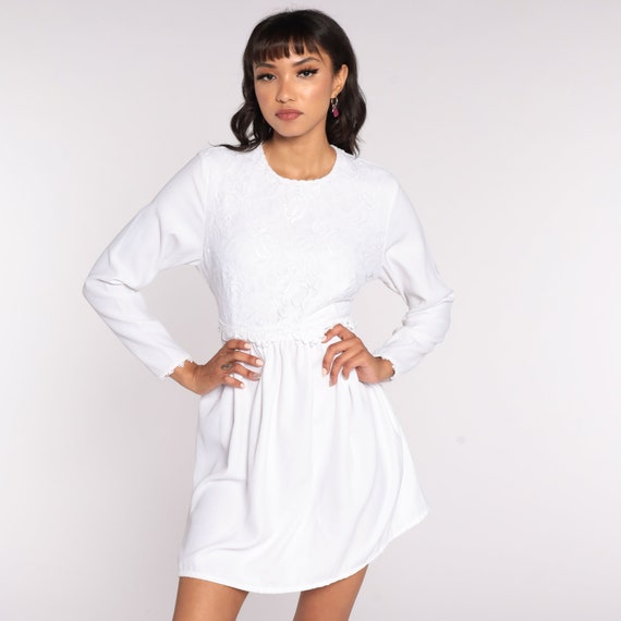 White Lace Babydoll Dress 90s Mini High Waist Party Dress Grunge Bohemian Revival 1990s Vintage Boho Long sleeve 80s Small