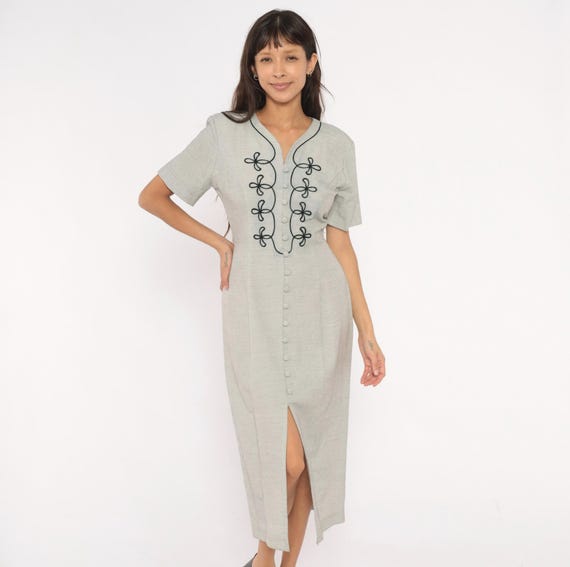 90s Embroidered Dress Soutache Grey Button Front Midi V Neck Short Sleeve Fitted Waist Back Tie Floral Trim Black Grunge Vintage Medium M