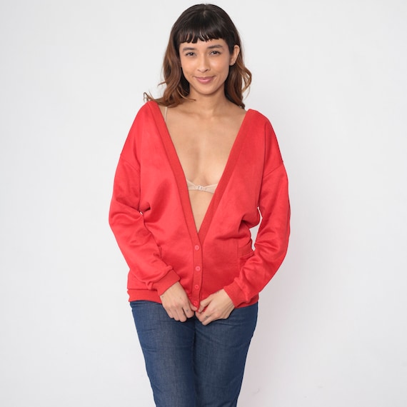 Red Cardigan Sweatshirt 90s Button Up Sweater Deep V Neck Retro Basic Grunge Slouchy Plain Solid Simple Pockets Vintage 1990s Medium Large