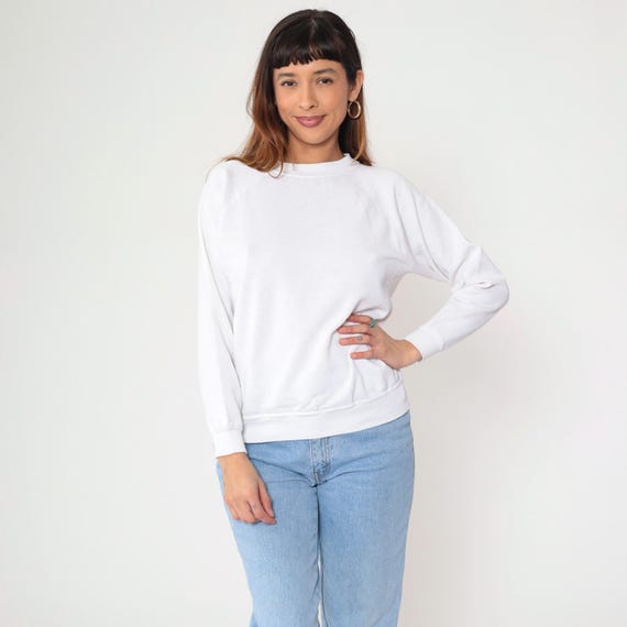 Vintage 90s White Hanes Sweatshirt M Raglan Sleeve Plain Slouchy Crewneck Pullover Sweater Basic Solid Blank Shirt 1990s Women's Medium