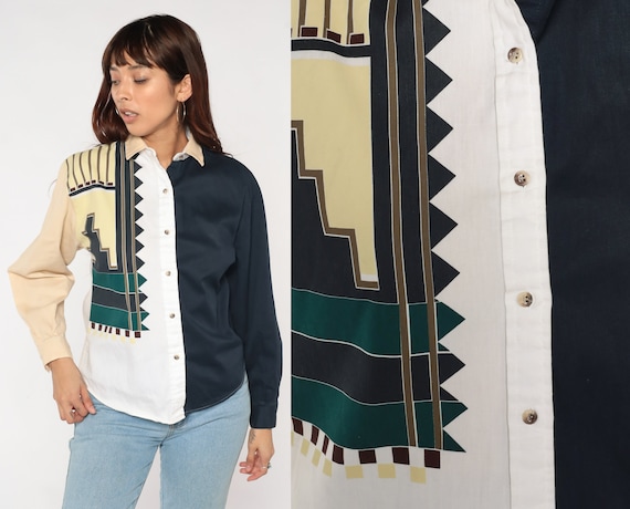 Western Blouse 90s Color Block Button Up Shirt White Blue Beige Geometric Print Top Cowgirl Rodeo Long Sleeve Vintage 1990s Roper Medium M