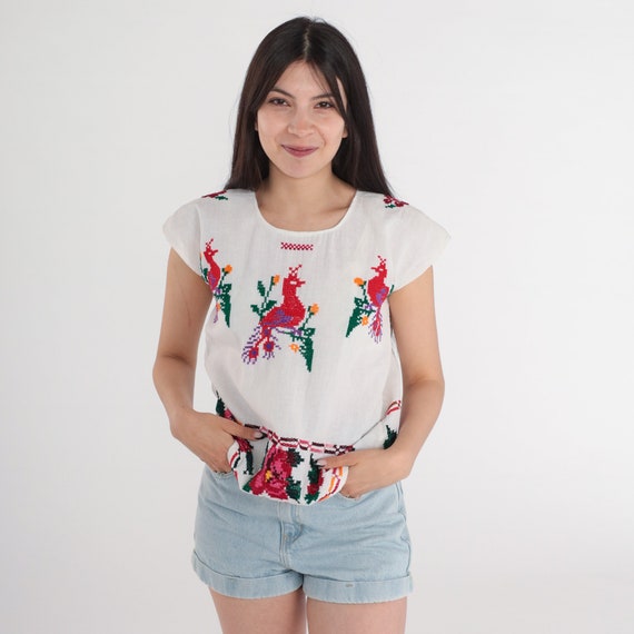 Mexican Peacock Blouse Embroidered BIRD Blouse Hippie Boho Shirt Cotton Tunic Bohemian White Floral Vintage Festival Retro Extra Small xs