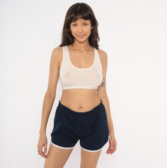 Navy Runner Shorts 2000s White Trim Elastic Waist Athletic Track Bottoms Dark Blue Sporty Gym Workout Lounge Vintage Short Medium Large M L