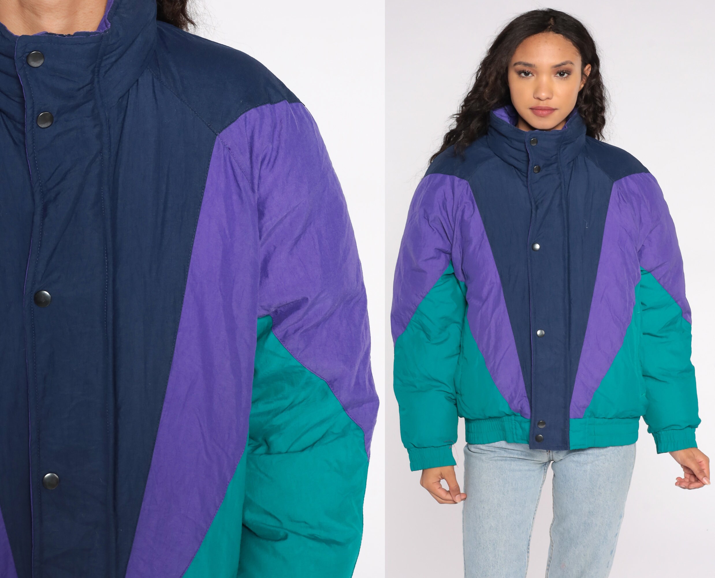 Colorblock Puffer Jacket 80s Ski Jacket Retro Striped Puffy Coat Winter Color Block Blue Green Purple 1980s Funnel Neck Vintage Puff Small S