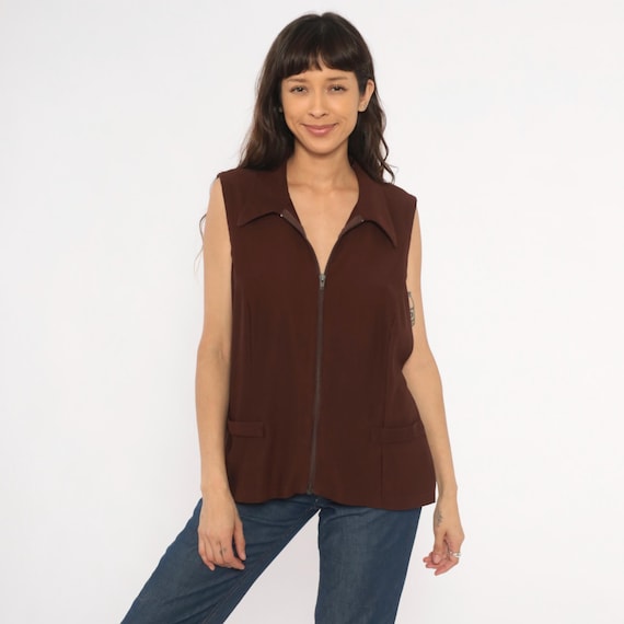 Chocolate Sleeveless Vest 90s Brown Top Collared Ribbed Knit Layering Shirt Pointed Collar Pocket Detail Dark Academia Women Extra Large XL