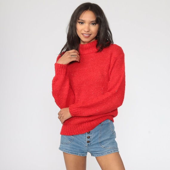 Red Sweater 80s Mock Neck Sweater Plain Sweater Knit Pullover Retro 1980s Vintage Small Medium