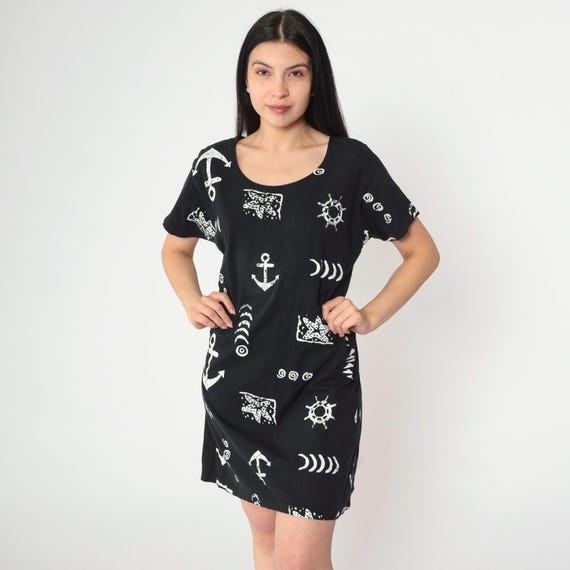 Black Nautical Beach Dress Anchor Print Geometric Starfish Mini Short Sleeve Vintage Bohemian Shift Boho Stamp Print Medium M