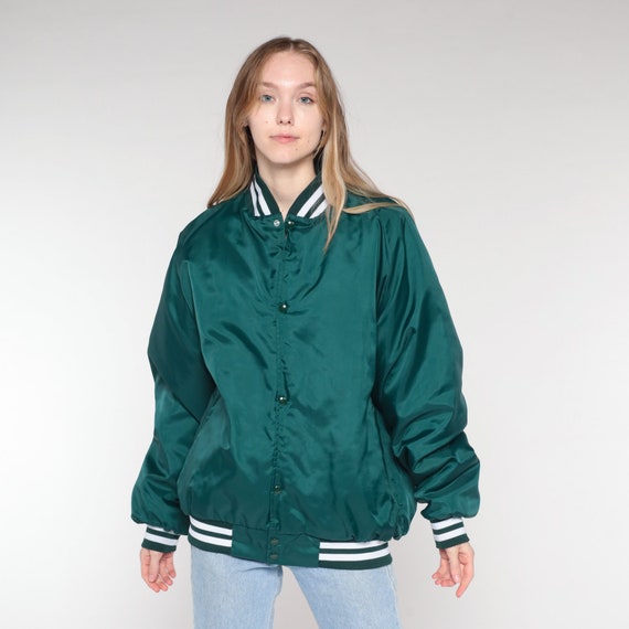 Vintage Bomber Jacket 80s Bowling Uniform Jacket Pinelle's Bowlero Lanes 700 Club Pueblo Colorado Green Quilted Lining Snap Up Coat 1980s XL