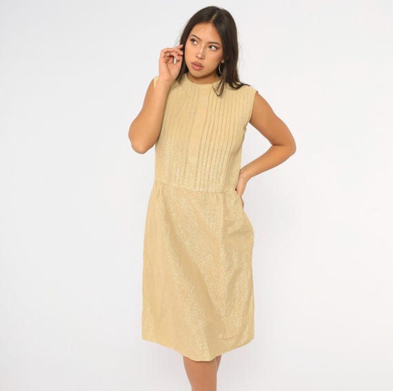60s Gold Mod Metallic Dress Pintuck Pleated Bodice A Line Champagne Glitter Shimmer Cocktail Party Evening New Years Vintage Medium M