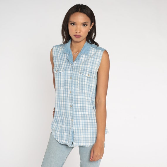 Checkered Tank Top 90s Bill Blass Denim Blouse Blue White Checkered Sleeveless Button up Summer Casual Retro Cotton Vintage 1990s Medium M
