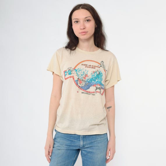 Vintage Moab Utah Shirt 80s White Water Rafting Single Stitch Tshirt Graphic Print Nature Travel Tee 1980s Tag-A-Long Tours Beige Thin Small
