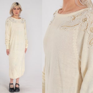 Cream Beaded Sweater Dress 80s Knit Midi Dress Pearl Floral Shift Dress Long Sleeve Simple Plain Chic Boho Day Dress Vintage 1980s Large L