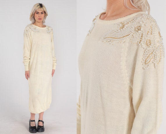 Cream Beaded Sweater Dress 80s Knit Midi Dress Pearl Floral Shift Dress Long Sleeve Simple Plain Chic Boho Day Dress Vintage 1980s Large L